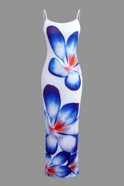 MICAS Maxi Dresses-Floral Print Spaghetti Strap Slit Maxi Dress BLUE