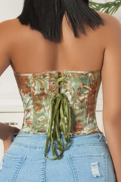 MICAS Tube Tops-Floral Print Strapless Tie Back Tube Top GREEN