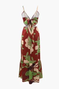 MICAS Maxi Dresses-Floral Print Tie Back Ruffle Maxi Dress BROWN