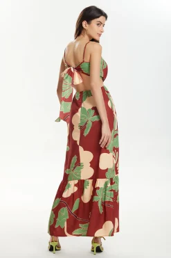 MICAS Maxi Dresses-Floral Print Tie Back Ruffle Maxi Dress BROWN