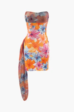 MICAS Mini Dresses-Floral Print Wrap Ruched Strapless Mini Dress DARK ORANGE