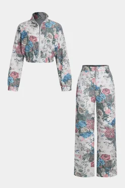 MICAS Pant Sets-Floral Print Zipper Stand Collar Top And Trousers Set BEIGE
