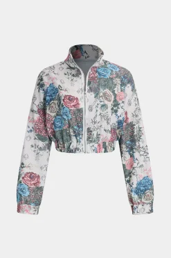 MICAS Pant Sets-Floral Print Zipper Stand Collar Top And Trousers Set BEIGE