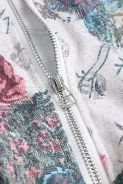 MICAS Pant Sets-Floral Print Zipper Stand Collar Top And Trousers Set BEIGE