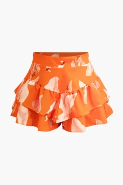 MICAS Skirt Sets-Floral Print Zip-Up Top And Ruffle Skirt Set