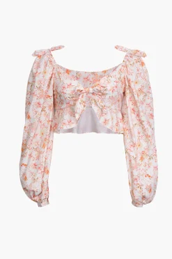MICAS Long Sleeve Tops|Long Sleeves Tops-Floral Puff Sleeve Tie Front Blouse PINK