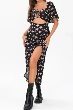 MICAS Maxi Dresses-Floral Tie Front Midi Dress BLACK