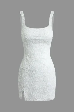 MICAS Mini Dresses-Flower Design Slit Tank Mini Dress WHITE