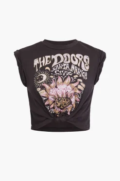 MICAS T-Shirts-Flower Print Hem Knotted Short Sleeve T-Shirt