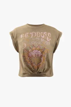 MICAS T-Shirts-Flower Print Hem Knotted Short Sleeve T-Shirt