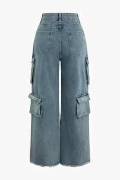 MICAS Cargo Pants|Jeans-Frayed Pocket Cargo Wide Leg Jeans MID WASH BLUE