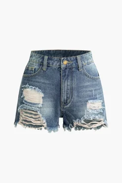 MICAS Shorts-Frayed Destroyed Denim Shorts LIGHT WASH BLUE