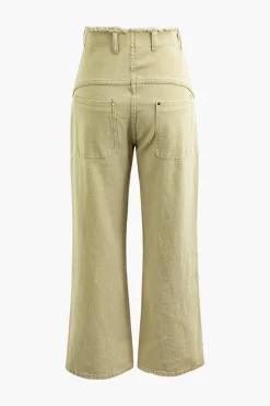 MICAS Jeans-Frayed Waist Rivet Decor Straight Leg Pants KHAKI