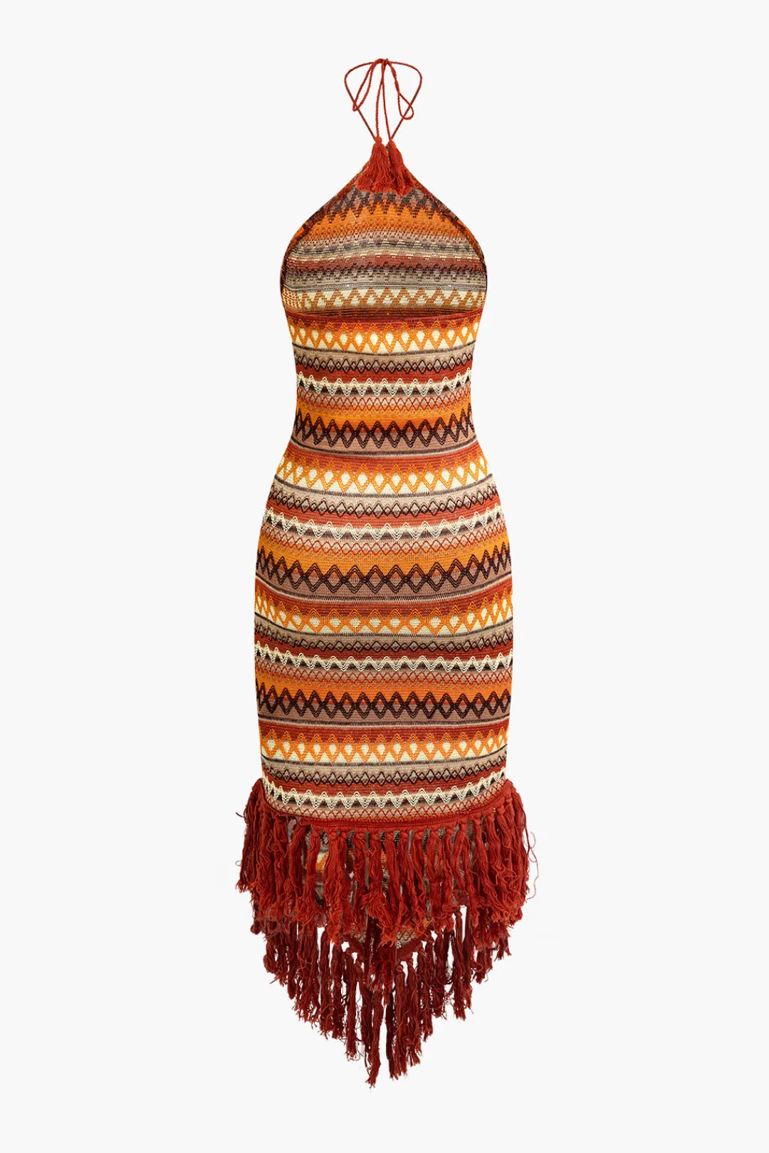 MICAS Midi Dresses-Fringe and Colorful Pattern Bohemian Halter Midi Dress MULTICOLOR