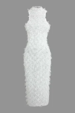 MICAS Midi Dresses-Fringe Mesh Mock Neck Midi Dress WHITE