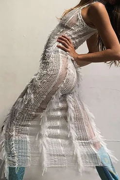 MICAS Midi Dresses-Fringe Mesh Mock Neck Midi Dress WHITE