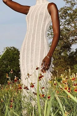 MICAS Midi Dresses-Fringe Mesh Mock Neck Midi Dress WHITE