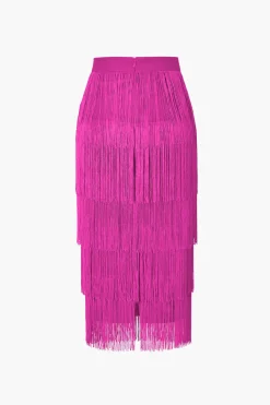 MICAS Skirts-Fringed Tiered Midi Skirt