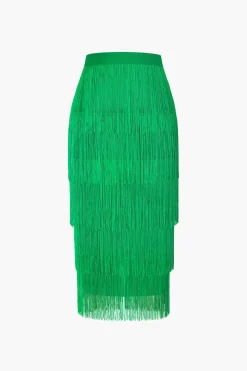 MICAS Skirts-Fringed Tiered Midi Skirt