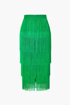 MICAS Skirts-Fringed Tiered Midi Skirt