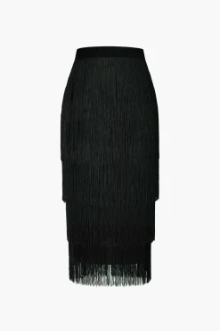 MICAS Skirts-Fringed Tiered Midi Skirt
