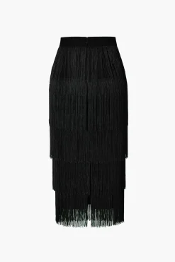 MICAS Skirts-Fringed Tiered Midi Skirt