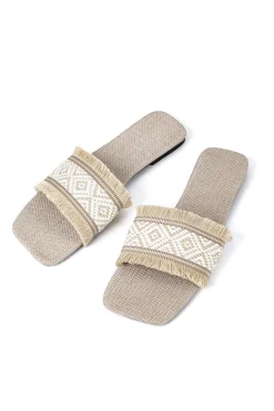 MICAS Shoes|Shoes-Fringed Weave Beach Slides BEIGE