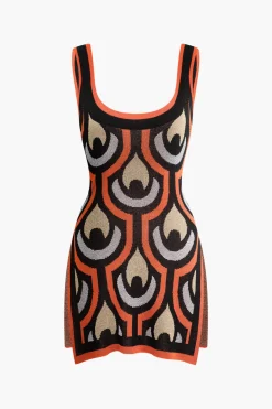 MICAS Knitwear|Knit Dresses-Geometric Pattern Knit Slit Sleeveless Mini Dress MULTICOLOR