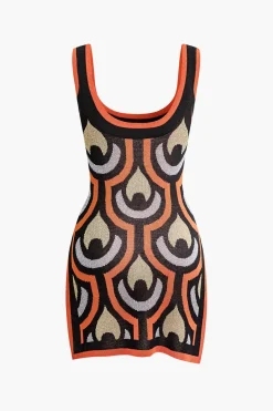 MICAS Knitwear|Knit Dresses-Geometric Pattern Knit Slit Sleeveless Mini Dress MULTICOLOR