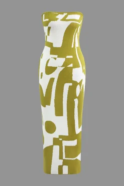 MICAS Knitwear|Knit Dresses-Geometric Pattern Strapless Knit Maxi Dress