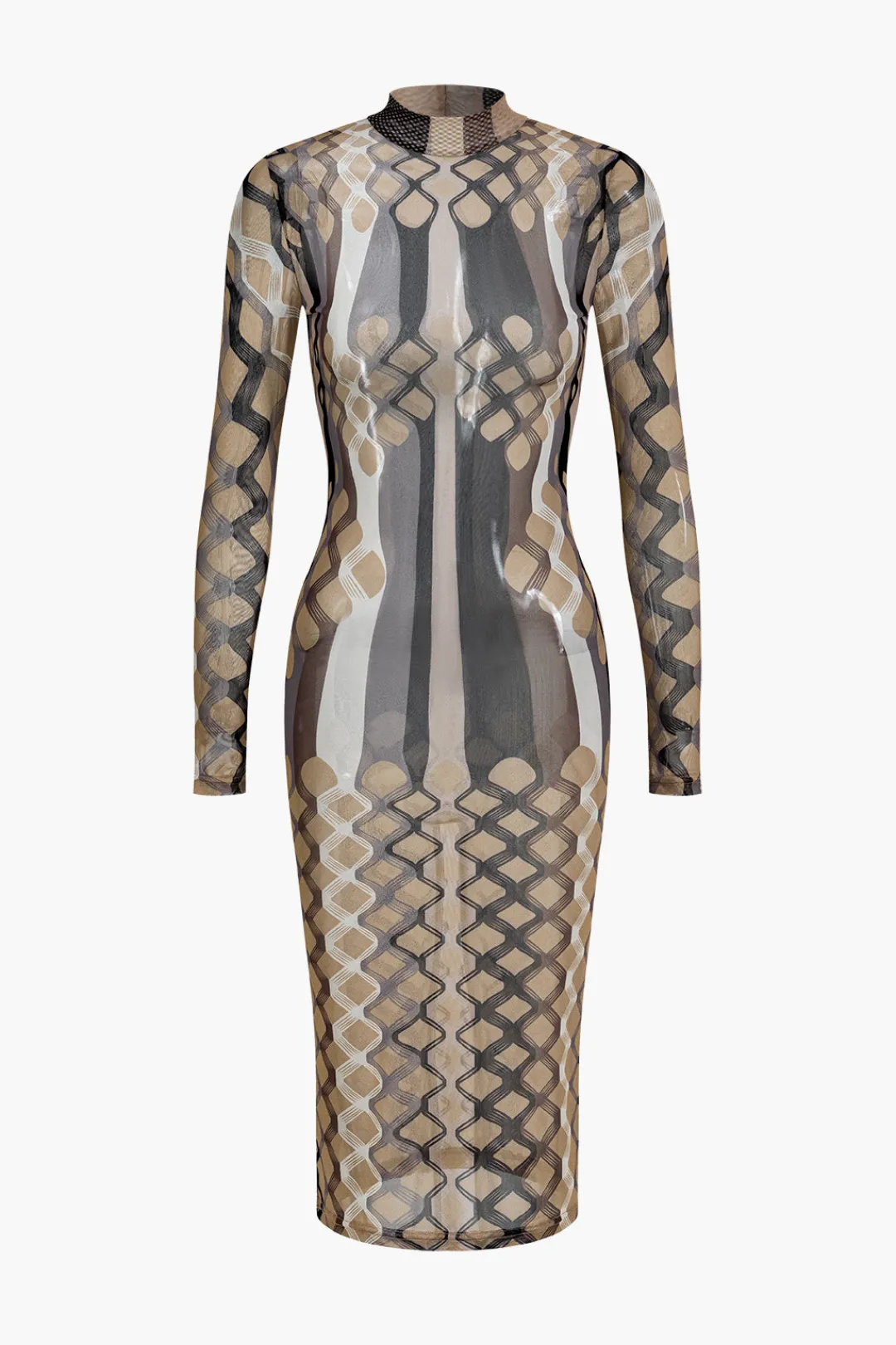 MICAS Long Sleeve Dresses|Midi Dresses-Geometric Print Sheer Mesh Long Sleeve Midi Dress KHAKI