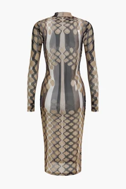 MICAS Long Sleeve Dresses|Midi Dresses-Geometric Print Sheer Mesh Long Sleeve Midi Dress KHAKI