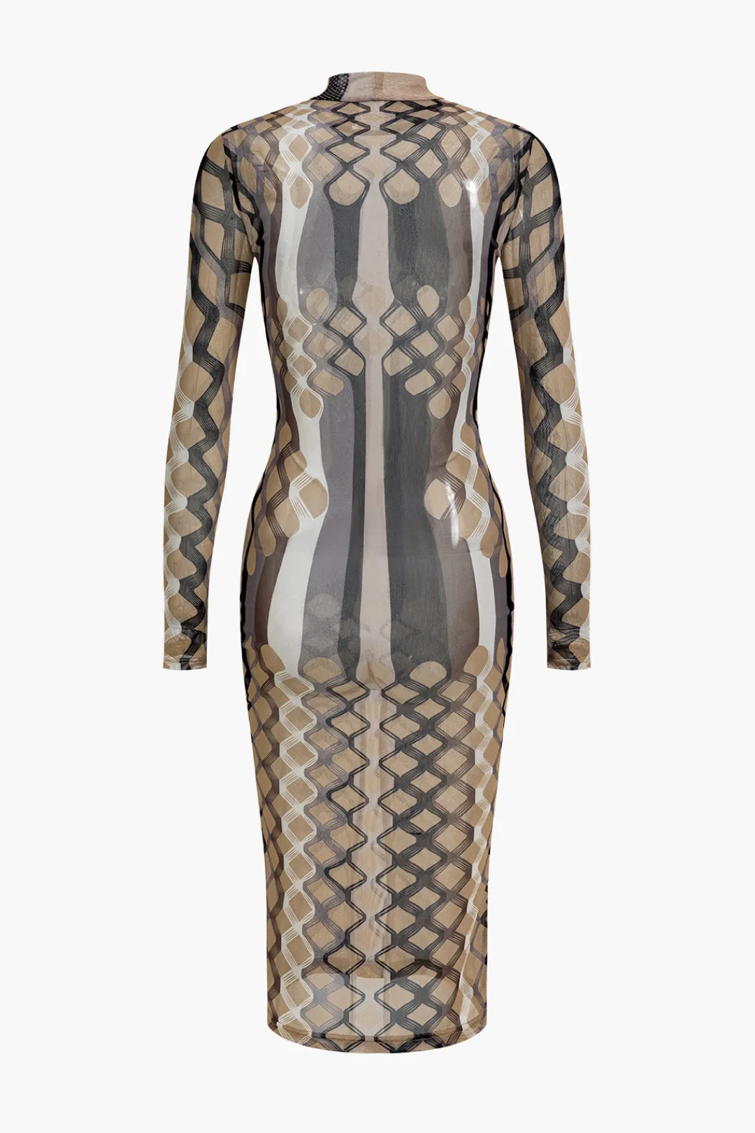 MICAS Long Sleeve Dresses|Midi Dresses-Geometric Print Sheer Mesh Long Sleeve Midi Dress KHAKI