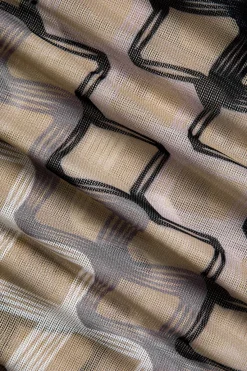 MICAS Long Sleeve Dresses|Midi Dresses-Geometric Print Sheer Mesh Long Sleeve Midi Dress KHAKI