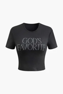 MICAS T-Shirts-GOD'S FAVORITE Rhinestone Decor Crop T-shirt