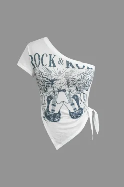 MICAS Tank Tops & Cami-Guitar Print One Shoulder Knot Side Tank Top LIGHT GRAY