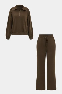 MICAS Pant Sets-Half Zip Drawstring Wide Leg Pants Set BROWN