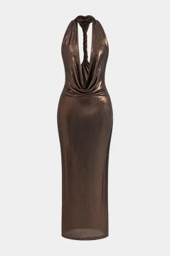 MICAS Maxi Dresses-Halter Cowl Neck Backless Twist Maxi Dress COFFEE