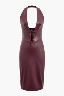 MICAS Midi Dresses-Halter Faux Leather Lace-Up Midi Dress MAROON