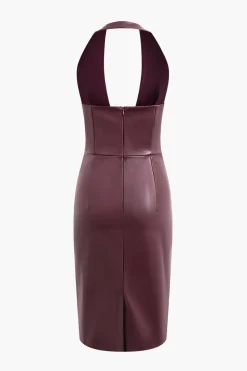 MICAS Midi Dresses-Halter Faux Leather Lace-Up Midi Dress MAROON