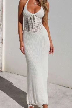 MICAS Knit Dresses-Halter Neck Backless Crochet Knit Dress WHITE