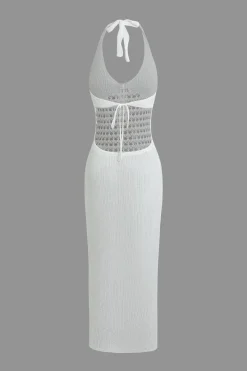 MICAS Knit Dresses-Halter Neck Backless Crochet Knit Dress WHITE
