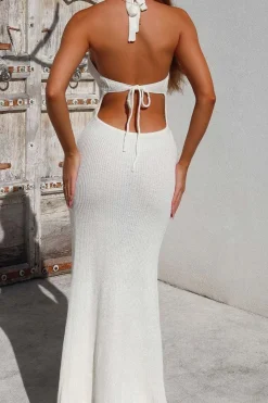 MICAS Knit Dresses-Halter Neck Backless Crochet Knit Dress WHITE