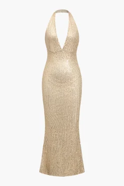 MICAS Maxi Dresses-Halter Neck Backless Sequin Maxi Dress CHAMPAGNE BEIGE