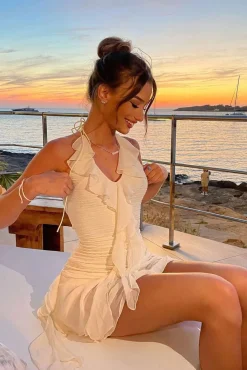 MICAS Mini Dresses-Halter Neck Ruffle Mini Dress BEIGE