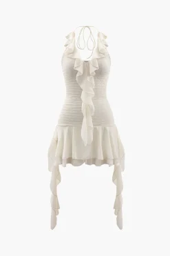 MICAS Mini Dresses-Halter Neck Ruffle Mini Dress BEIGE