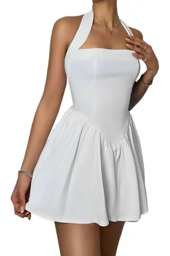 MICAS Mini Dresses-Halter Neck Sleeveless Mini Dress WHITE