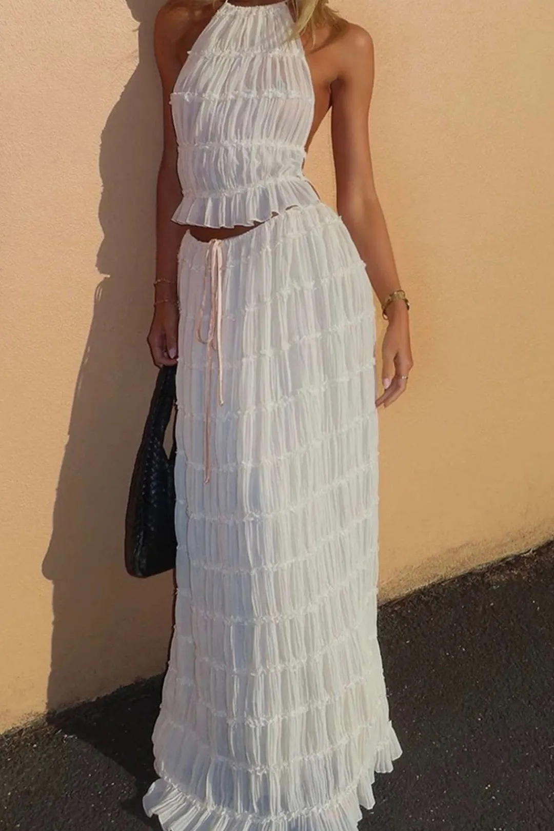 MICAS Skirt Sets|Vacation Sets-Halter Neck Tie Ruched Backless Ruffle Skirt Set