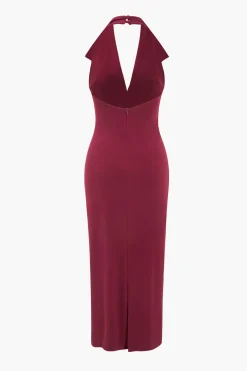 MICAS Midi Dresses-Halter V-neck Sleeveless Midi Dress BURGUNDY