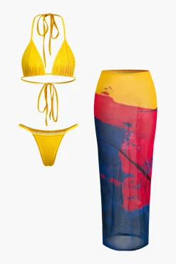 MICAS Vacation Sets|Swimwear-Halter Wrap Cover Up Three-Piece Bikini Set MULTICOLOR